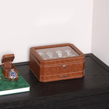 ROTHWELL 8 Slot Leather Watch Box with Valet Drawer - Luxury Case Display Jewelry Organizer, Locking Display Case Holder, Real Glass Top - Watch Box Organizer for Men & Women (Tan/Brown) - color: 8 Slot - Tan/Brown