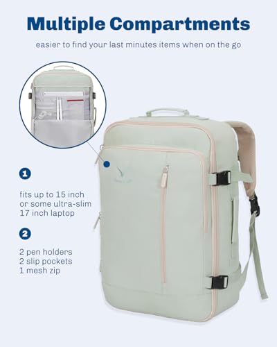 Hynes Eagle Carry on Backpack 38L Large Travel Backpack for Women Flight Approved Weekender Bag Laptop Backpack Men 15 inches Mint Green - color: Mint Green