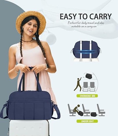 Lightweight Travel Duffle Bag for Women, Quilted Puffy Weekender with Wet Pocket for Gym, Overnight, Personal Item Carry On, Navy Blue - color: Navy Blue