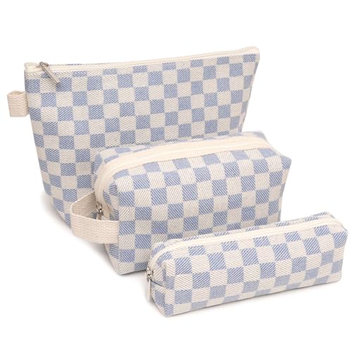 3 Pcs Canvas Makeup Bag Set Checkered Cosmetic Pouch for Women Travel Toiletry Bag Cute Makeup Organizer Purse Pouch Preppy Pencil Case with Zipper (Checkered Blue) - color: Checkered Blue