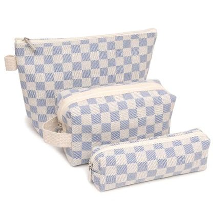 3 Pcs Canvas Makeup Bag Set Checkered Cosmetic Pouch for Women Travel Toiletry Bag Cute Makeup Organizer Purse Pouch Preppy Pencil Case with Zipper (Checkered Blue) - color: Checkered Blue
