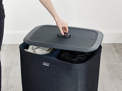 Joseph Joseph Tota 90 liter/23.8 gallon Laundry Hamper Separation Basket with lid, 2 Removable Washing Bags with Handles - Dark Blue - color: Dark Blue, style: Dual Compartment 90L