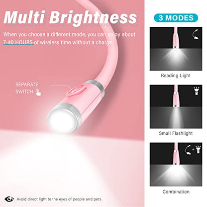 Vekkia Rechargeable LED Neck Reading Light, Book Lights for Reading in Bed, 3 Brightness Levels, Flexible Soft Silicone Arms Comfortable Wear, Long Lasting, Perfect for Craft & Knitting, Pink - color: Pink