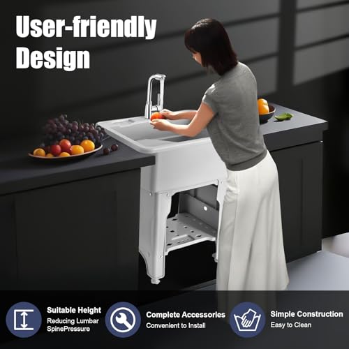 Utility Sink Laundry Tub with Washboard, Freestanding Plastic Laundry Sink with Cold & Hot Water Faucet, Indoor Outdoor Utility Sink for Laundry Room, Garage, Garden (25.6x21.65x31.5 Inch) - color: Gray, 25.6 x 21.7 x 31.5in