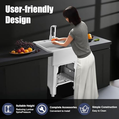 Utility Sink Laundry Tub with Washboard, Freestanding Plastic Laundry Sink with Cold & Hot Water Faucet, Indoor Outdoor Utility Sink for Laundry Room, Garage, Garden (25.6x21.65x31.5 Inch) - color: Gray, 25.6 x 21.7 x 31.5in
