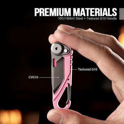 TACRAY Vinto 5-in-1 Small Pocket Knife – Ultra-Light Compact Multitool with Utility Knife, Seatbelt Cutter, Bottle Opener, Flathead Screwdriver & Keyring Attachment for Everyday Carry (Pink) - color: Pink
