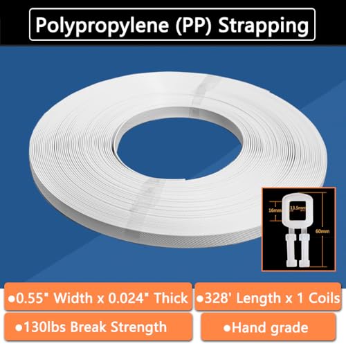 Hand Grade Polypropylene (PP) Strapping Coil 0.55" x 0.024" 130lbs Break Strength White Poly Strap 100pcs Plastic Buckles for Manual Packing Box Packing Strapping (Length328' x 1 Roll) - size: Length328' x 1 Roll
