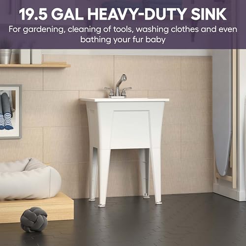 Freestanding Utility Sink with Stainless Steel Gooseneck Faucet - 24" Plastic Utility Sink for Garage, Laundry, Indoor and Oudoor Use - Laundry Tub Kit by Noah William Home - White (19.5 gal) - color: White - Gooseneck faucet