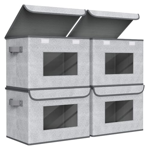 Univivi Fabric Foldable Storage Boxes [4-Pack] Large Collapsible Stackable Storage Bins with Lids, Closet Organizers and Storage Cube Basket for Home, Office, Bedroom (Gray, 17“ x 12” x 12") - color: Gray, size: 17''-4 Pack