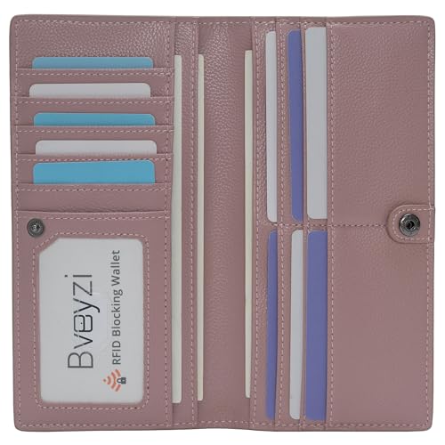 Bveyzi Ultra Slim Thin Leather RFID Blocking Credit Card Holder Bifold Clutch Wallets for Women - color: Dark Pink