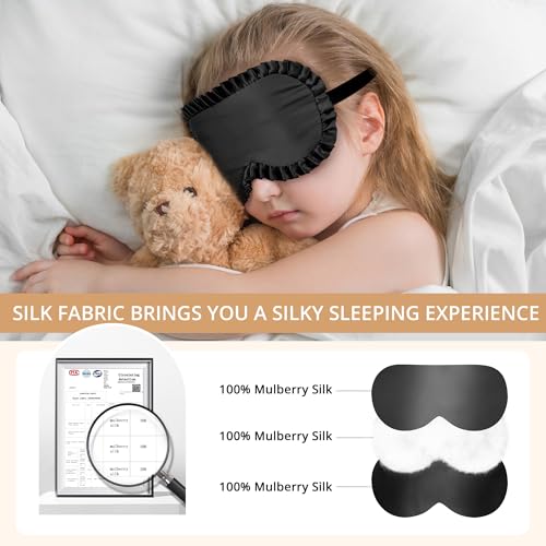 Kids Sleep Mask, 100% Real Mulberry Silk Eye Mask, Sleeping Mask for Kids with Adjustable Elastic Band, Soft & Light Blocking Eye Cover Gift for Boys Girls Teens Age 5+ (Black) - color: Black