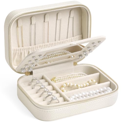 Genuine Leather Travel Jewelry Organizer Case with Mirror for Women, Small Mini Portable Jewelry Box for Ring Earrings Necklace Bracelet Luxury Gift for Women（Ivory White） - color: Lychee Grain Leather Ivory White