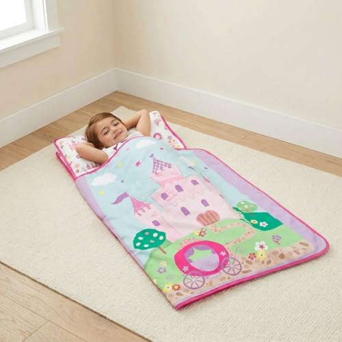 EVERYDAY KIDS Toddler Nap Mat with Removable Pillow -Princess Storyland- Carry Handle with Fastening Straps Closure, Rollup Design, Soft Microfiber for Preschool, Daycare, Sleeping Bag -Ages 2-6 years - color: Princess Storyland