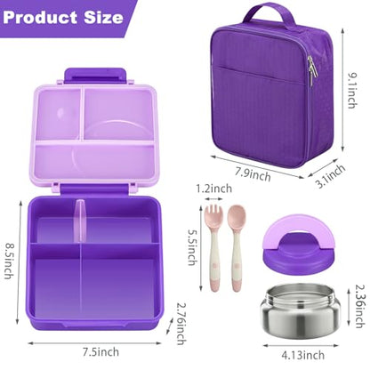 Bento Lunch Box Set for Kids with 8oz Soup Thermo, Leak-Proof Lunch Containers with 4 Compartment, Kids Thermo Hot Food Jar and Insulated Lunch Bag for Kid to School-Purple - color: Purple