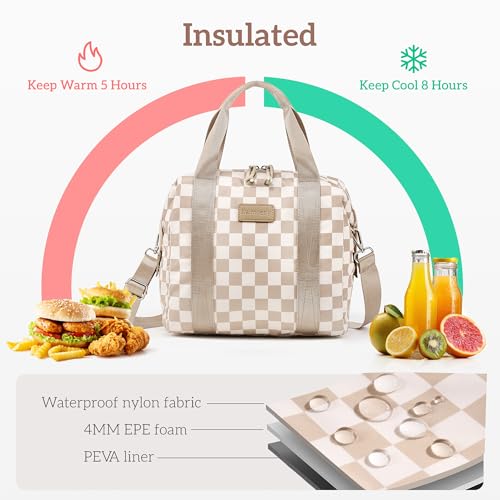 Lunch Bag Women Insulated Lunch Box,Cute Lunch bags,Reusable Large Capacity Leakproof Cooler Bag with Adjustable Shoulder Strap, Retro Lunch tote for Work Office Picnic Travel(Checker Beige Brown) - color: Beige brown
