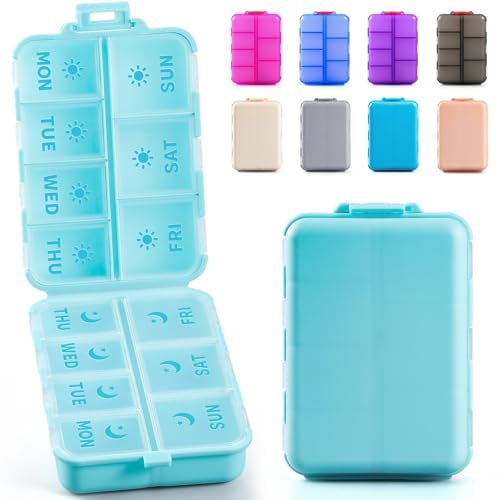 NEW Foldable & Double Protection Portable Weekly Pill Organizer 2 Times A Day with Etched Labels, AM PM 7 Day Week Medicine Box, Daily Travel Pill Case Dispenser for Vitamin, Supplement - Sky Blue - color: Sky Blue, size: AM & PM