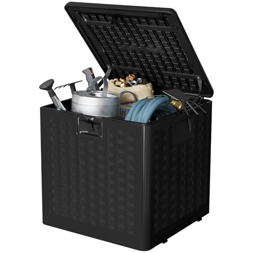 Garvee 28 gal Outdoor Storage Box with Lid, Weather-Resistant Plastic Deck Box, Lockable Outdoor Storage Bin for Patio Furniture, Gardening Tools and Accessories, Black - color: Black, size: 28 Gal