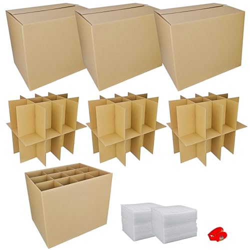 3 Sets Moving Boxes with Divider Kits,16 x 12 x 13 Inch Glassware Dish Packing Box Kitchen Moving Box Corrugate Dividers with 72 Pcs Foam Pouches,1 Pcs tape rolls with dispenser(Two Layer) - style: 3 Sets-two layer-16x12x13in