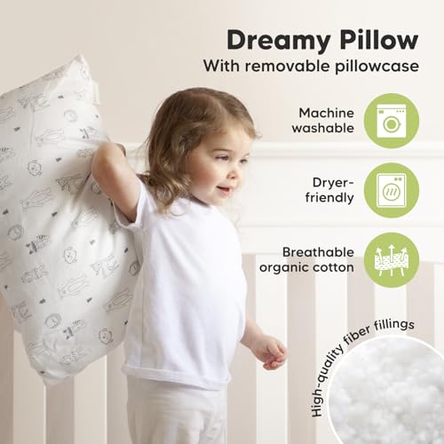 KeaBabies Organic Toddler Pillow with Pillowcase, Jumbo 14X20 - Soft Cotton Toddler Pillows for Sleeping - Machine Washable - Perfect for Travel, Toddler Bed Set (KeaFriends) - color: Keafriends