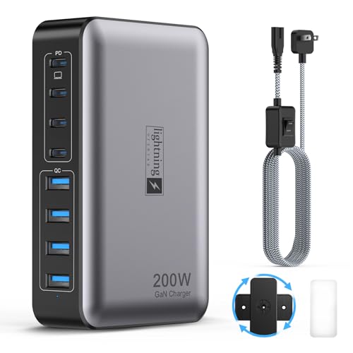 USB C Fast Charger Block 200W, 8 Ports Charging Station for iPhone/Ipad/MacBook, 4C4A GaN Charger Box, Flat Plug Multi Chargers for All Devices 5ft Braided Power Cord with On/Off Switch - color: 200W Charger Black