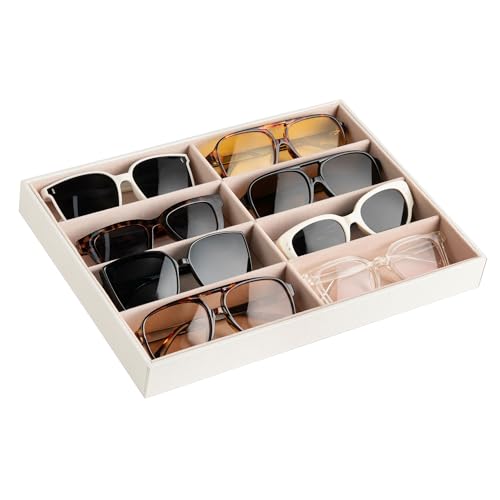 Frebeauty Sunglass Organizer,PU Leather Glasses Organizer,8-Slot Sunglasses Tray,Men's/Women's Sunglasses Box,Sunglass Case,13.3 x 9.6 x 1.5 Inches,Eyeglass/Eyewear Display Tray(White) - color: White, size: No Lid