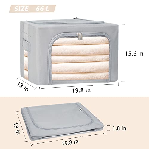 Clothes Storage Box Bins Stackable Foldable Organizer,Sturdy Handles with Metal Frame for Clothing Bedding Shelves,Closet Container with Clear Window Zipper and Label Holder (Gray, 66L x3 Pack) - color: Gray, 66L x3 Pack