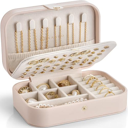 VLANDO Travel Jewelry Case, PU Leather Travel Jewelry Box with Earring Holder, Portable Display Small Jewelry Box for Mothers Day Women Girls Gift - Pink - color: B.Pink