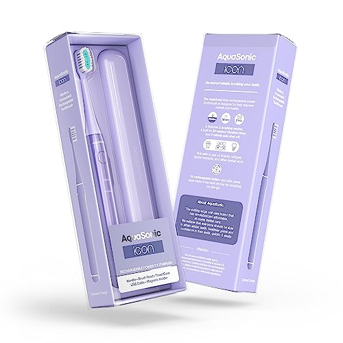 Aquasonic Icon ADA-Accepted Rechargeable Toothbrush | Magnetic Holder & Slim Travel Case | 2 Brushing Modes & Smart Timers | Gentle Micro-Vibrations (Lilac) - color: Lilac