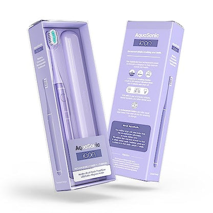 Aquasonic Icon ADA-Accepted Rechargeable Toothbrush | Magnetic Holder & Slim Travel Case | 2 Brushing Modes & Smart Timers | Gentle Micro-Vibrations (Lilac) - color: Lilac