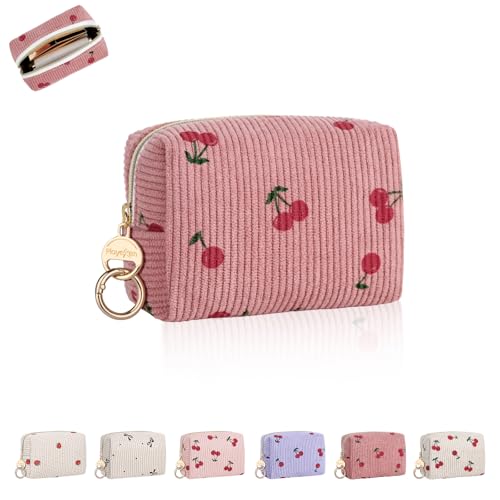 Mini Makeup Bag, Corduroy Small Cosmetic Bag for Purse with Ring Buckle, Cherry Travel Makeup Pouch for Lipsticks, Chapsticks, Coin, Earphone, Credit Card (Pink) - color: Cherry-Pink