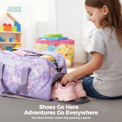 Choco Mocha Kids Duffle Bag, Girls Butterfly Overnight Travel Bags for Kid with Shoes Compartment, Large Weekender Bag for Sleepover, Purple - color: Butterfly Purle