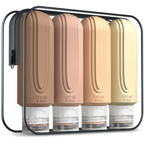 Mrsdry Travel Bottles for Toiletries, Large 6oz Oversize Containers, BPA Free Leak Proof Tubs Refillable Liquid Traveler Accessories with Toiletry Bag for Cometic Shampoo and Lotion Soap (4 Pack) - color: Cream-6oz