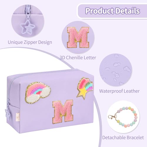 Initial Makeup Bag for Girls, Cute Makeup Bag Small Cosmetic Bag Travel Make Up Organizer Pouch, Birthday Gifts for Girls 4 5 6 7 8 9 10 11 12 13 14 15 Years Old, Teen Girls Gifts Trendy Stuff - color: Purple + Bracelet, style: M