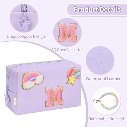 Initial Makeup Bag for Girls, Cute Makeup Bag Small Cosmetic Bag Travel Make Up Organizer Pouch, Birthday Gifts for Girls 4 5 6 7 8 9 10 11 12 13 14 15 Years Old, Teen Girls Gifts Trendy Stuff - color: Purple + Bracelet, style: M