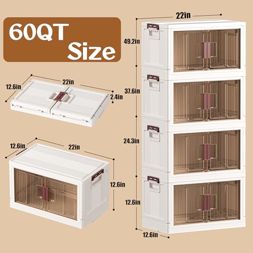 60GAL/240QT 4 tier large stackable storage bins with lid and wheels, collapsible storage bins plastic with doors，suit for clothes, closet, home and office - style: 4 Pack