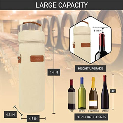 opux Wine Bag Single Bottle Carrier Tote, Insulated Wine Cooler Bag for Travel Picnic Beach with Shoulder Strap, Thermal One Bottle Holder Carrying Case Wine Gift for Women Men, Beige Cream - color: Cream Beige