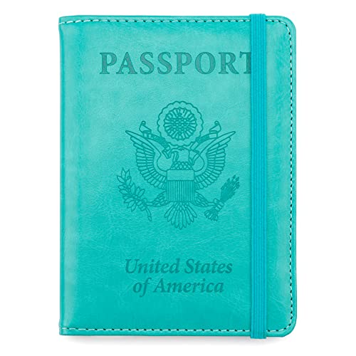 Passport Holder for Travel,Leather Passport Holder RFID Blocking Passport Cover Wallet Passport Case with Pen Holder Passport Holders for Travel Women Men Family Travels Must Haves Essential,Turquoise - color: Lake Blue