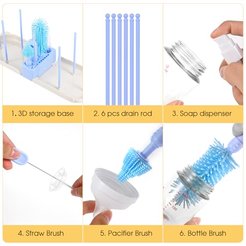 Travel Bottle Washing Kit with Storage Case, 7-in-1 Baby Travel Bottle Cleaner Kit for Travel and Home, All-in-One Baby Bottle Brush Set with Drying Rack for Bottles and Breast Pump Parts (Blue) - color: Blue