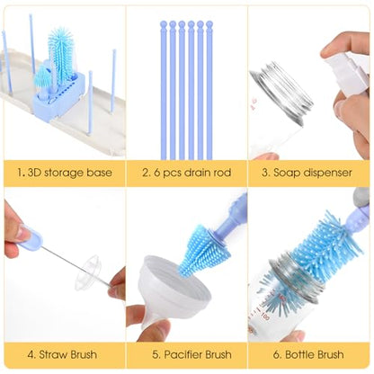 Travel Bottle Washing Kit with Storage Case, 7-in-1 Baby Travel Bottle Cleaner Kit for Travel and Home, All-in-One Baby Bottle Brush Set with Drying Rack for Bottles and Breast Pump Parts (Blue) - color: Blue