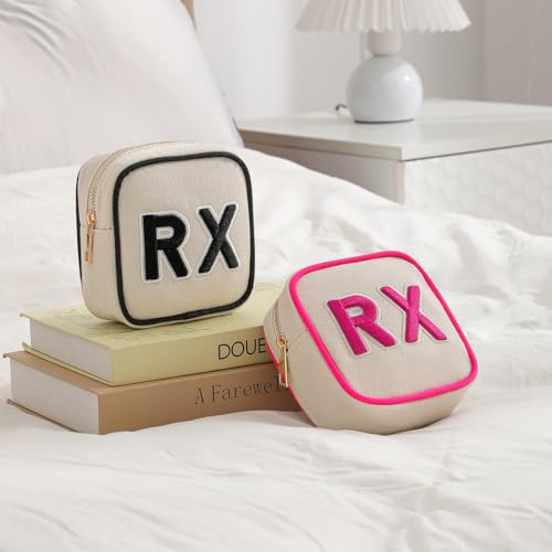 RSRSLEII Small Canvas Rx Medicine Packages, Cute Chenille Letter Patch Drug Makeup Bag with Metal Zipper, Mini Travel First Aid Purse Organizer Machine Washable (01Beige) - color: 01Beige