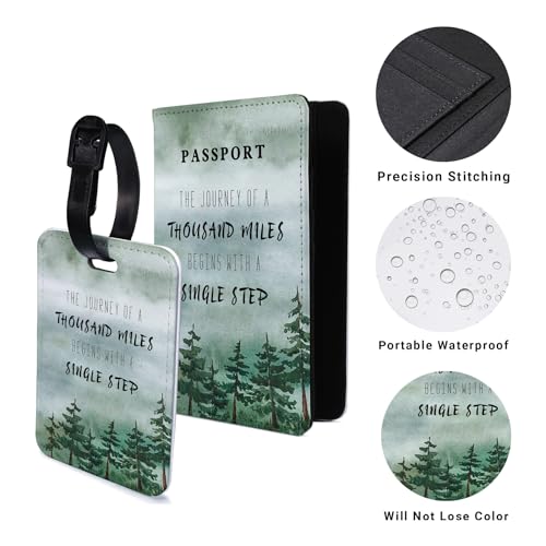 Passport Holder Set,Passport Holder and Luggage Tag,Cover for Men and Women,Wallet, Case,Travel Accessories（5.82 * 3.93 inch） - color: Green trees(Passport Holder + Luggage Tag)