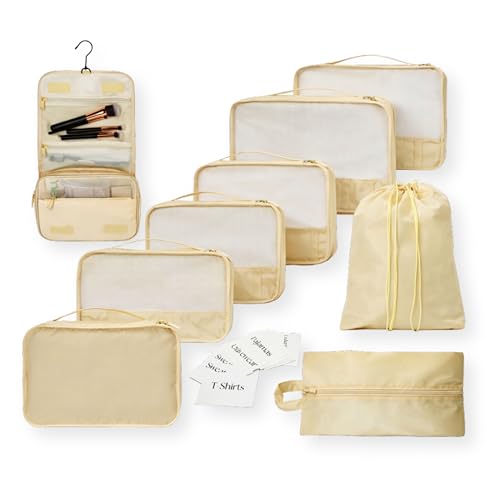 Packing Cubes Set – Cute Packing Cubes for Travel, Luggage Organizer Bags for Suitcase, For Kids & Family, Floral, Neutral & Aesthetic Travel Organizer Set-Beige - color: Beige