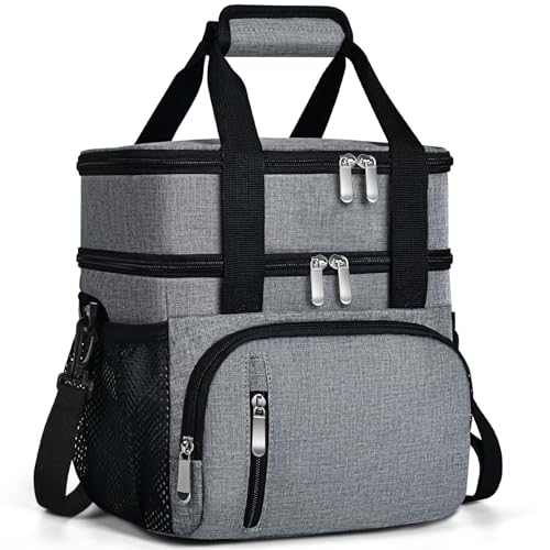 Insulated Lunch Bag for Men & Women, Double Leakproof Lunch Box Soft Cooler Tote with 5 Pockets, 600D Oxford, EVA Lining, Adjustable Strap for Work, Picnic, Beach&Travel-Grey - color: Gray, size: Double