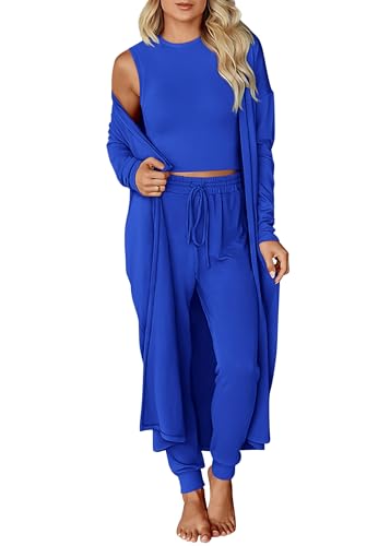 KIRUNDO 3 Piece Lounge Sets for Women Airport Travel Vacation Outfits 2026 Fall Cardigan Matching Sleeveless Top Jogger Pants - color: Blue, size: Small