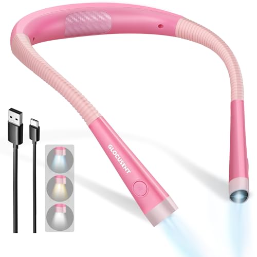 Glocusent Book Light, 3-Color & 6-Brightness Reading Light, Bendable Neck Light, 80-hr Lasting Rechargeable Book Light, Perfect Reading Lights for Books in Bed, Knitting, Book Lovers Gifts - 1Pack - color: Pink, size: Standard-Medium