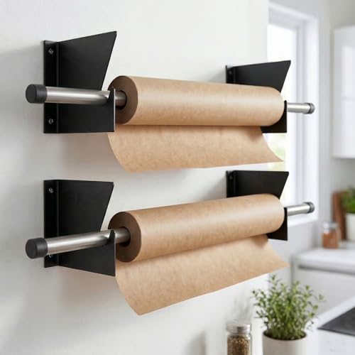 2-Pack Wall Mount Roll Rack Holder & Butcher Paper Dispenser - Heavy Duty Adjustable 28 to 60 Inch - Bubble Wrap Dispenser, Kraft Paper Roll Holder & Vinyl Wrap Holder (100 Lb Capacity)