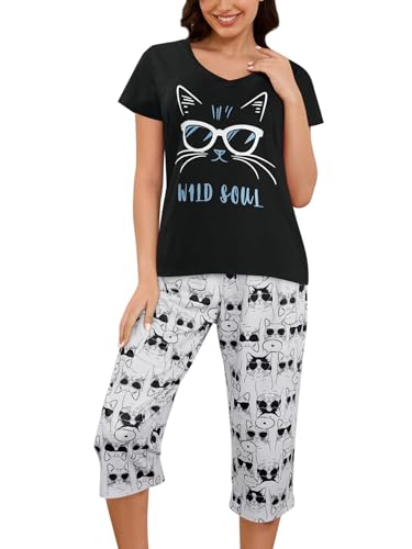 HONG HUI Women's Capri Pajama Sets Plus Size Sleepwear Top with Capri Pants 2 Piece Sleep Set - color: Cat-black, size: Small
