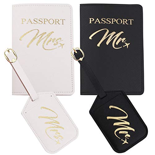 Mr and Mrs Passport Holder and Luggage Tags Set, Wedding and Honeymoon Travel Luggage, Bridal Shower and Engagement Gift - color: Golden