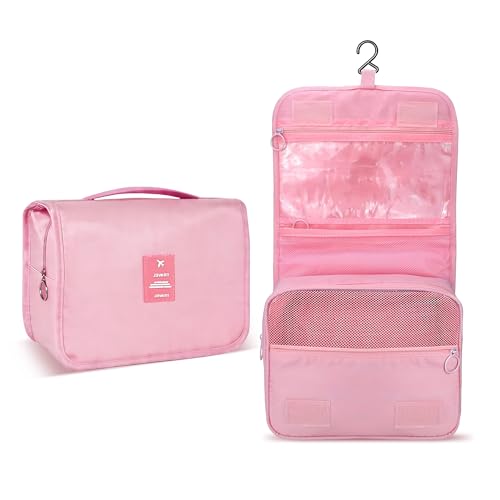 Portable Hanging Toiletry Bag for Travel, Small Multifunctional Makeup Cosmetic Bag for Women, Waterproof Travel Toiletries Organizer, Shower Bathroom Pouch with Hook for Gym, Camping, Business Trips - color: Pink