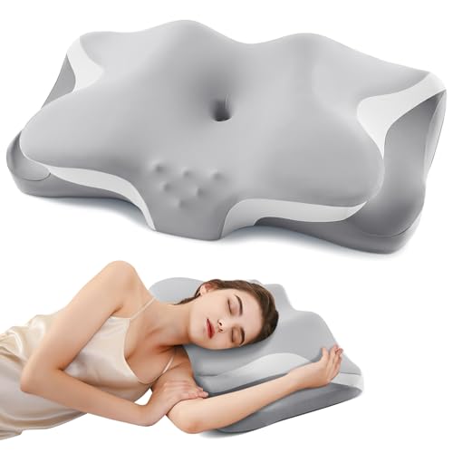 Cervical Neck Pillow for Pain Relief, Cooling Ergonomic Memory Foam Pillows for Sleeping with Breathable Pillowcase, Contour Deep Sleep Neck Support Pillow for Side Back Stomach Sleepers-Light Grey - color: Light Grey